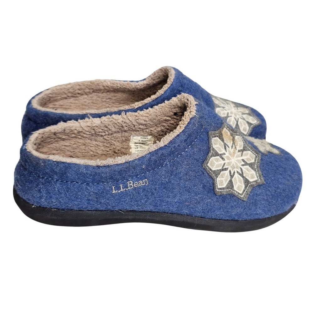 LL Bean Daybreak Scuffs Blue Boiled Wool Snowflake Slipper Clogs Womens 9 305194